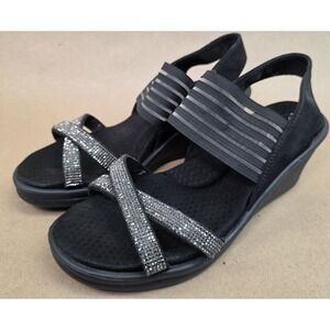 Skechers (Sz 10) Womens Modern Maze Sandals Wedge Black Bling Diamante 31587